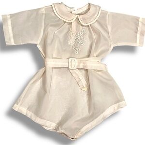 Vtg 60s Vanity Fair Baby Christening Boy Baptism White 1pc W/ Belt Embroidered